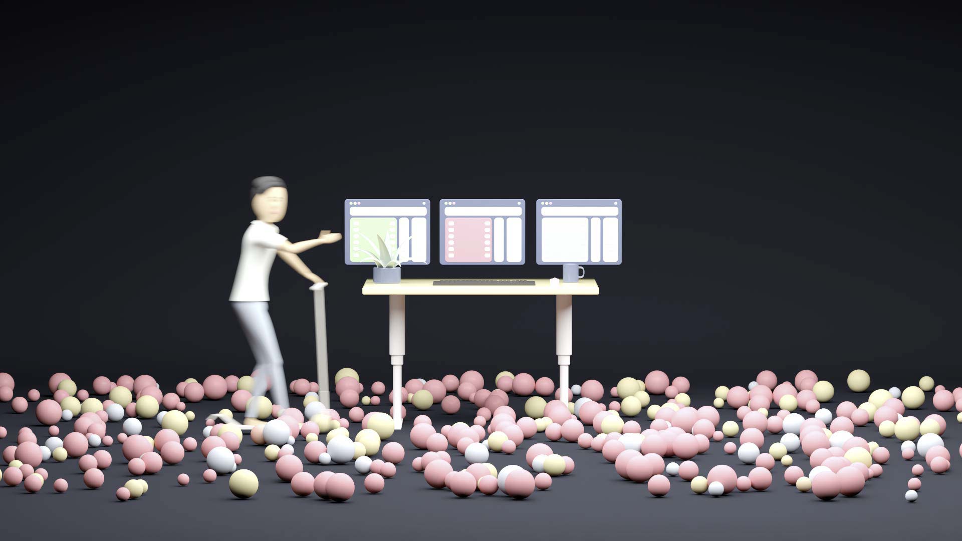 A co-worker enters the workspace represented by a height-adjustable desktop. The co-worker uses an e-scooter. In the room, there are numerous rolling balls representing itesign-developed apps.